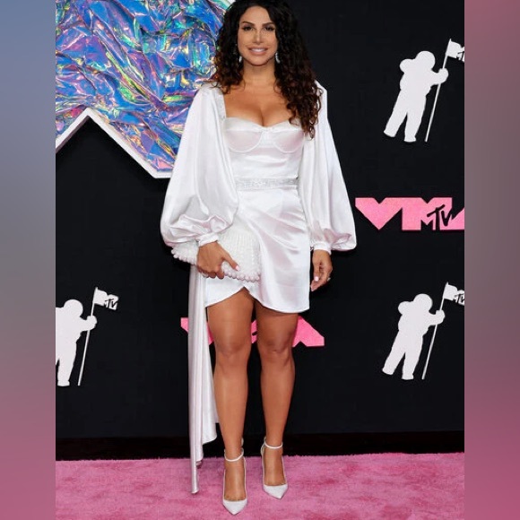 Bronx and Banco NWOT Lana Bridal White Rhinestone Corset Wrap Dress Sz M 4-6 - Picture 4 of 17